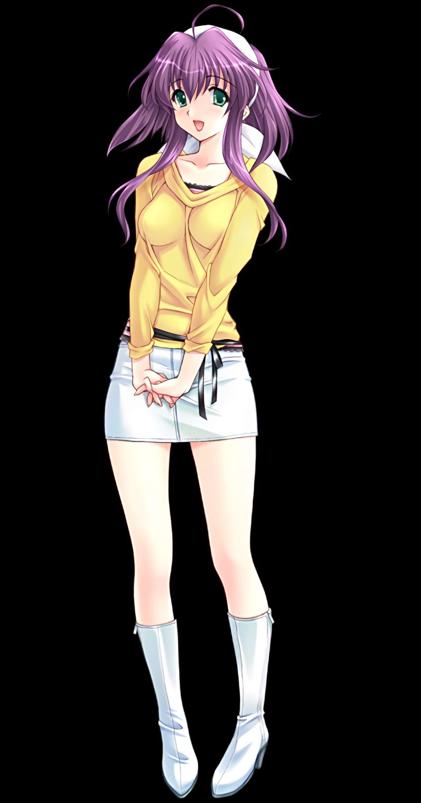 1girl absurdres breasts full_body game_cg green_eyes high_heels highres kotosuki_madoka kuroda_akimi official_art purple_hair short_hair simple_background skirt smile solo tachi-e transparent_background tsuma_shibori tsumamigui_(series)