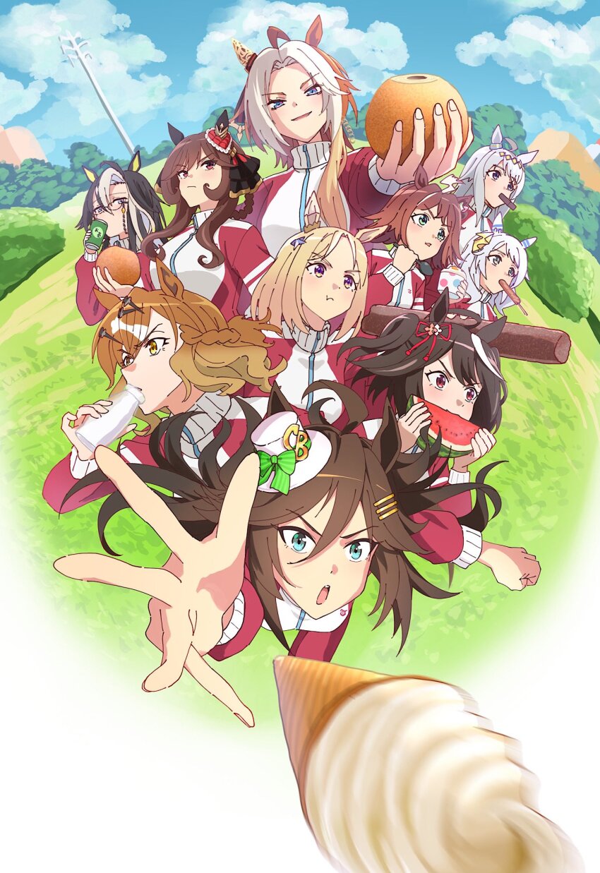 6+girls ahoge animal_ears black_hair blonde_hair bottle braid braided_hair_rings brown_hair cup dream_journey_(umamusume) drinking ear_covers food fruit gentildonna_(umamusume) glass_bottle green_eyes grey_hair gym_uniform hair_intakes hair_ornament hair_rings hairband hairclip hat heart-shaped_ornament heart_ear_ornament highres hishi_miracle_(umamusume) holding holding_bottle holding_cup holding_food holding_fruit holding_spoon holding_watermelon horse_ears horse_girl ice_cream jacket jungle_pocket_(umamusume) kitasan_black_(umamusume) long_hair long_sleeves mafty mini_hat mini_top_hat mr._c.b._(umamusume) multicolored_hair multiple_girls narita_top_road_(umamusume) oguri_cap_(umamusume) orange_hair orfevre_(umamusume) poster_parody red_eyes red_jacket red_track_suit rhein_kraft_(umamusume) shirokuma_(food) single_ear_cover spoon streaked_hair suiyou_dou_de_shou top_hat tracen_training_uniform track_jacket umamusume umamusume:_beginning_of_a_new_era wagashi watermelon white_hair yellow_eyes youkan_(food)