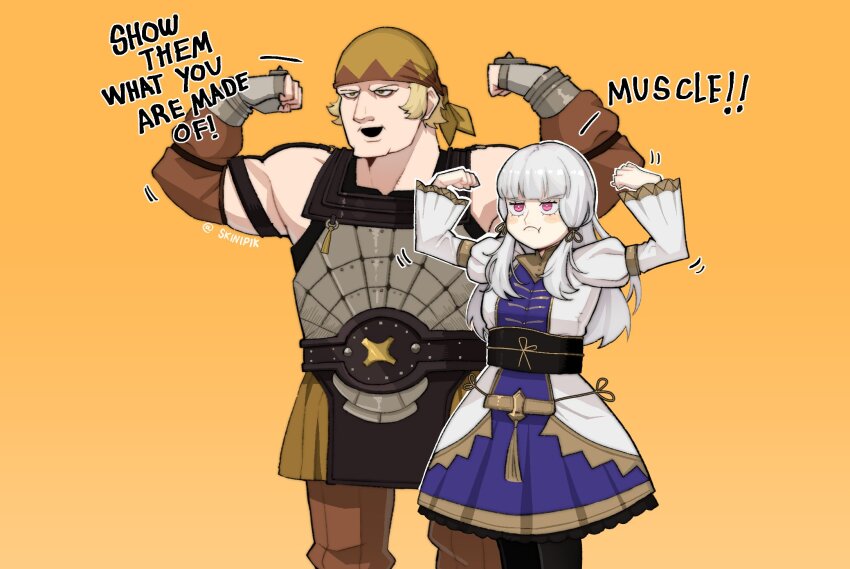 1boy 1girl bandana bare_shoulders black_pantyhose blonde_hair blunt_bangs blush_stickers closed_mouth commentary detached_sleeves dress english_commentary english_text fire_emblem fire_emblem:_three_houses fire_emblem_warriors:_three_hopes flexing height_difference highres long_hair lysithea_von_ordelia muscular muscular_male nintendo official_alternate_costume open_mouth pantyhose pink_eyes purple_dress raphael_kirsten short_hair simple_background skinipik twitter_username two-tone_dress white_dress white_hair yellow_background