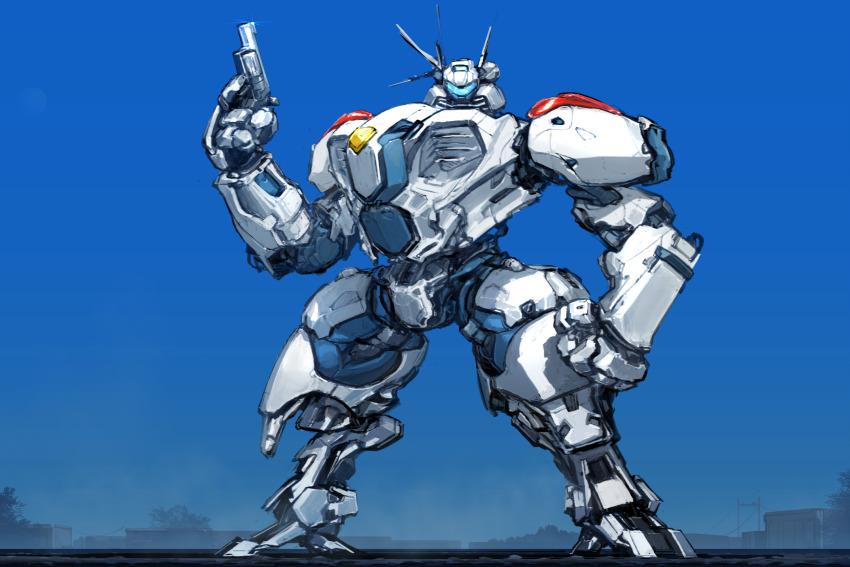 blue_background clenched_hand gun handgun highres holding holding_gun holding_weapon ksenolog looking_at_viewer mecha no_humans original pistol robot science_fiction solo standing visor weapon