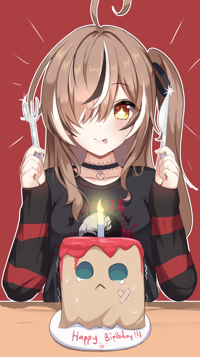 1girl :d :p absurdres ahoge black_choker black_ribbon black_shirt black_sweater choker emo_fashion fork friend_(nanashi_mumei) hair_over_one_eye hair_ribbon happy_birthday heart heart_choker highres holding holding_fork holding_knife hololive hololive_english knife lace lace_choker multicolored_hair nanashi_mumei nanashi_mumei_(emo) nervous_sweating nightmare_(nanashi_mumei) one_side_up open_mouth panpanmc4 plate red_background red_sweater ribbon shirt smile streaked_hair striped_clothes striped_sweater sweat sweater tearing_up tongue tongue_out two-tone_sweater virtual_youtuber