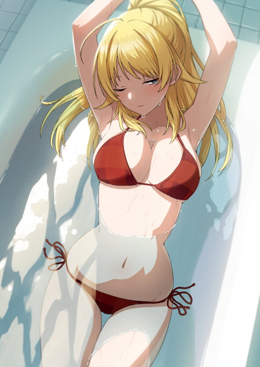 1girl ahoge amochin armpits arms_up bath bathing bathroom bathtub bikini blonde_hair blue_eyes blush breasts cleavage from_above hachimiya_meguru half-closed_eyes high_ponytail highres idolmaster idolmaster_shiny_colors large_breasts long_hair lying navel on_back one_eye_closed open_mouth partially_submerged ponytail red_bikini side-tie_bikini_bottom solo swimsuit tile_wall tiles water wet