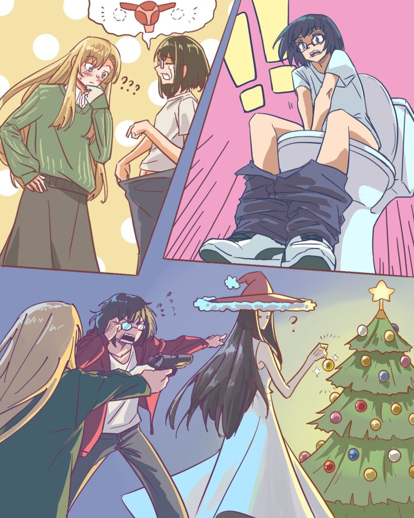 ! !! 3girls ? ?? anjuro_zeeku black_hair blonde_hair blue_eyes blush christmas_ornaments christmas_tree clothes_pull collared_shirt commission crying dandadan dress flying_sweatdrops green_sweater gun handgun highres holding holding_gun holding_weapon hood hood_down hoodie kamikoshi_sorawo long_hair long_skirt medium_hair multiple_girls nishina_toriko ovaries pants pants_pull red_hoodie scene_reference semi-rimless_eyewear shaded_face shirt simple_background sitting skirt sleeveless sleeveless_dress streaming_tears sweatdrop sweater tears toilet urasekai_picnic uruma_satsuki very_long_hair weapon white_dress white_shirt