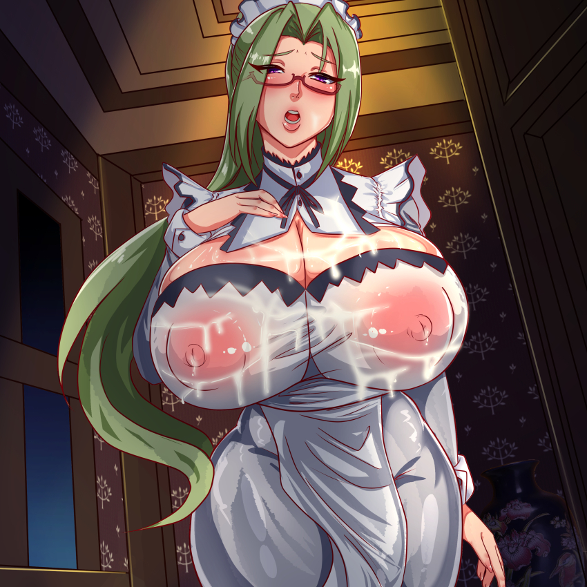 1girl absurdres breasts cleavage cleavage_cutout clothing_cutout gear5 glasses green_hair hand_on_own_chest hanyuu_mizuki highres huge_breasts indoors long_hair long_sleeves maid maid_headdress naughty_face nipples open_mouth ponytail purple_eyes red-framed_eyewear see-through_clothes suggestive_fluid vampire_(ova) wet