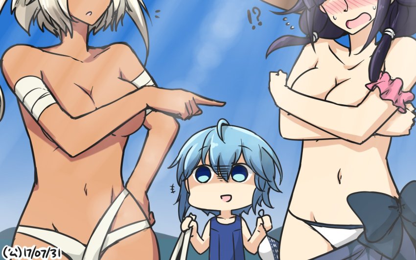 !? +++ 10s 3girls :d ahoge arm_scrunchie bandaged_arm bandages bikini bikini_top_only blue_eyes blue_hair blush budget_sarashi collarbone commentary covering_breasts covering_privates dark-skinned_female dark_skin dated day empty_eyes hamu_koutarou hand_on_own_hip highres holding holding_bikini holding_bikini_top holding_unworn_clothes holding_swimsuit holding_unworn_clothes kantai_collection minazuki_(kancolle) multiple_girls musashi_(kancolle) navel nose_blush one-piece_swimsuit open_mouth out_of_frame pointing purple_hair sarashi short_hair smile swimsuit taigei_(kancolle) topless white_bikini white_hair