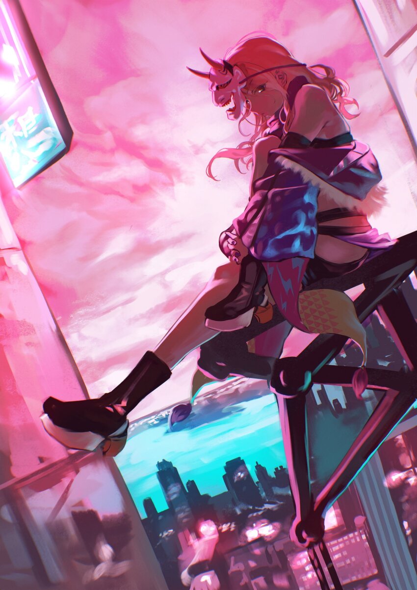 1girl black_eyes black_footwear blue_jacket boots cityscape dark-skinned_female dark_skin expressionless from_side fur-trimmed_jacket fur_trim highres idolmaster idolmaster_shiny_colors izumi_mei jacket jacket_partially_removed long_hair mask mask_on_head ocean oni_mask otsudou pink_sky purple_nails scarf sky solo