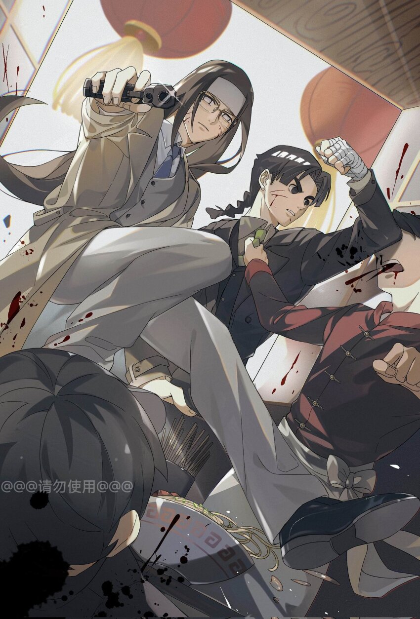 2boys bandaged_hand bandages black_footwear black_hair blood blood_on_clothes blood_on_face blue_necktie braid brown_hair byakugan chinese_clothes coat collared_shirt cuts fighting food formal_clothes gaozijie422 glasses green_necktie grey_pants grey_suit grey_vest gun headband highres holding holding_gun holding_weapon hyuuga_neji injury long_hair male_focus multiple_boys naruto_(series) naruto_shippuuden necktie noodles pants ramen rock_lee shirt single_braid suit tangzhuang vest weapon white_eyes white_headband