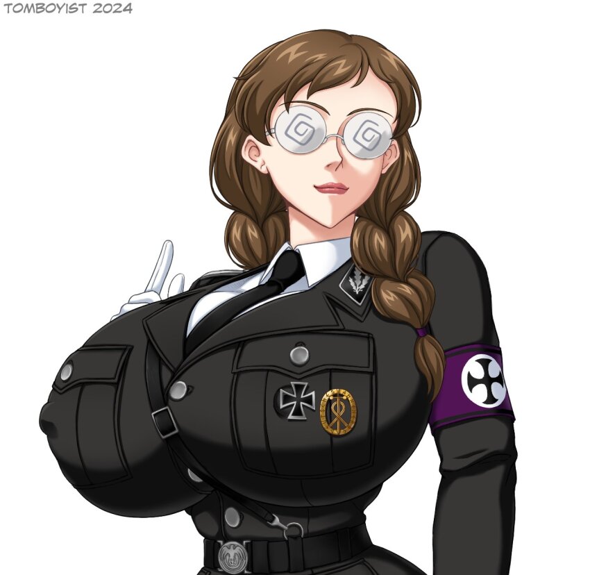 breasts brown_hair cross glasses iron_cross liselotte_weissmann military_uniform nazi reichsadler tomboyist