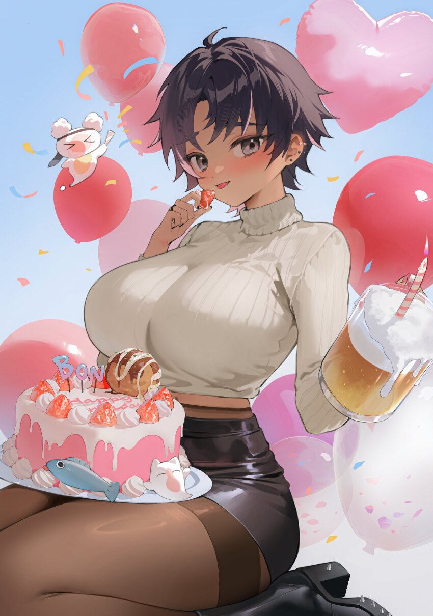 1girl absurdres ahoge alcohol balloon beer beer_mug birthday birthday_cake black_boots black_eyes black_hair black_nails black_pantyhose black_skirt blush bon_(vtuber) boots breasts brown_sweater cake commentary commission confetti cropped_sweater cup curtained_hair earrings fine_fabric_emphasis food fruit happy_birthday heart_balloon highres holding holding_cup holding_food holding_fruit huge_breasts indie_virtual_youtuber jewelry long_sleeves looking_at_viewer midriff_peek miniskirt mug pantyhose pencil_skirt platform_boots ribbed_sweater ring second-party_source seiza short_hair sitting skirt solo spiked_ear_piercing stud_earrings sweater timy tongue tongue_out turtleneck turtleneck_sweater virtual_youtuber