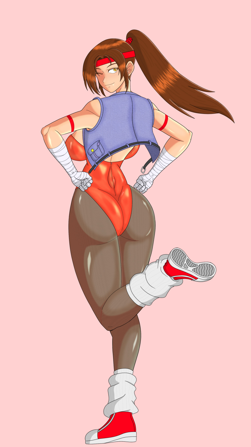 absurdres backboob bandages breakers breakers_revenge breasts brown_eyes brown_hair headband highres jacket large_breasts leotard pantyhose ponytail shoes sneakers tia_langray