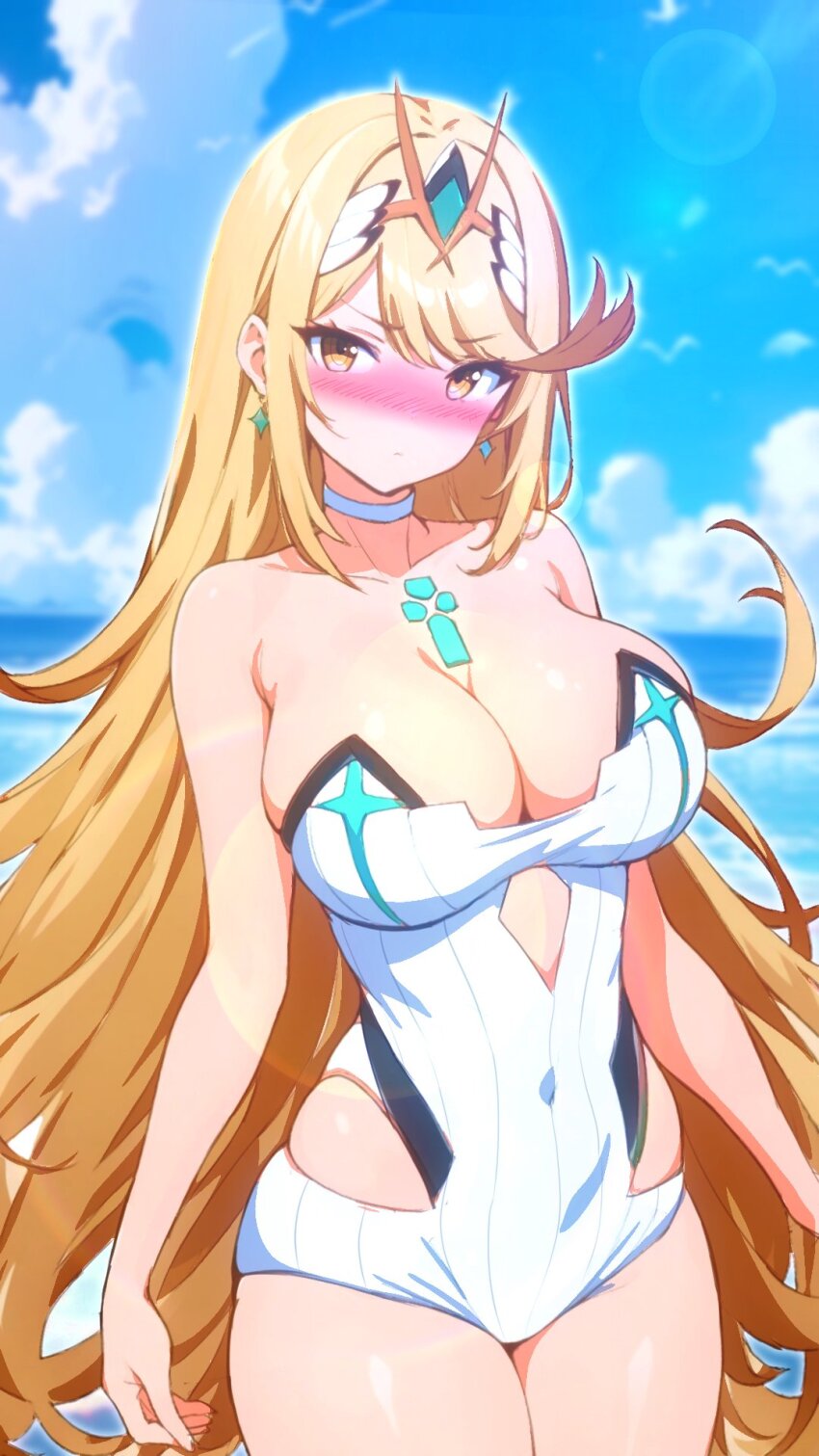 1girl absurdly_long_hair blonde_hair blush breasts chest_jewel cleavage gem hair_ornament headpiece highres jewelry kakk_e large_breasts long_hair mythra_(radiant_beach)_(xenoblade) mythra_(xenoblade) navel one-piece_swimsuit shy swimsuit tiara tsundere very_long_hair xenoblade_chronicles_(series) xenoblade_chronicles_2