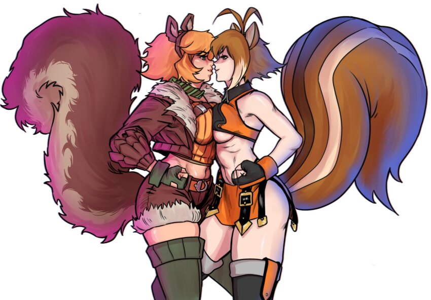 2girls animal_ears autonomousinque blazblue breast_press breasts brown_hair crossover female_focus gloves green_eyes jacket makoto_nanaya marvel marvel_rivals multiple_girls orange_hair short_hair squirrel_ears squirrel_girl squirrel_girl_(marvel) squirrel_girl_(marvel_rivals) squirrel_tail symmetrical_docking tail thick_thighs thighhighs thighs trait_connection underboob variant_set white_background