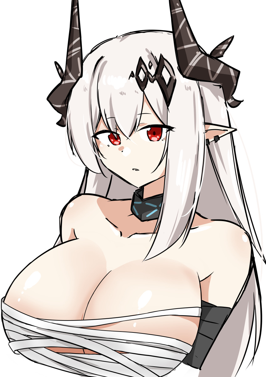 1girl absurdres arknights bandages bare_shoulders black_horns breasts cleavage collarbone commentary_request ear_piercing eyes_visible_through_hair grey_hair hair_between_eyes highres horns infection_monitor_(arknights) large_breasts long_hair looking_at_viewer mudrock_(arknights) no_shirt parted_lips piercing pointy_ears red_eyes sarashi simple_background solo undone_sarashi upper_body white_background xibu_cai