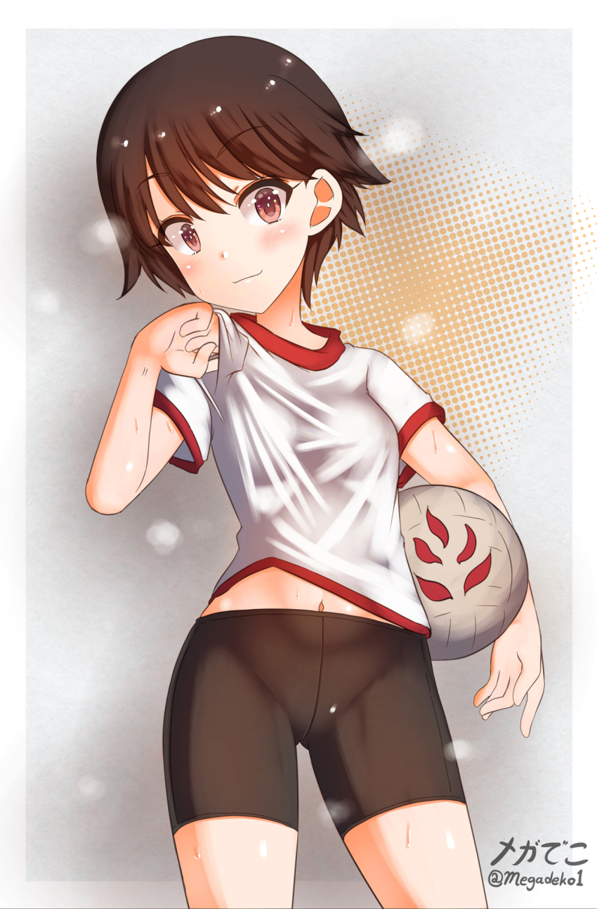 1girl ball bike_shorts black_hair black_shorts blush border breasts brown_eyes closed_mouth cowboy_shot female_focus girls_und_panzer gym_shirt gym_uniform highres holding holding_ball isobe_noriko looking_at_viewer megadeko midriff_peek navel shiny_skin shirt short_hair shorts simple_background small_breasts smell smelling_self smile solo standing sweat volleyball_(object) white_border white_shirt