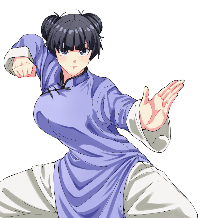 1girl absurdres black_hair changpao china_dress chinese_clothes double_bun dress fighting fighting_stance hair_bun highres kokoro_no_koibito kung_fu long_sleeves martial_arts monk original panties self-upload simple_background training underwear white_panties