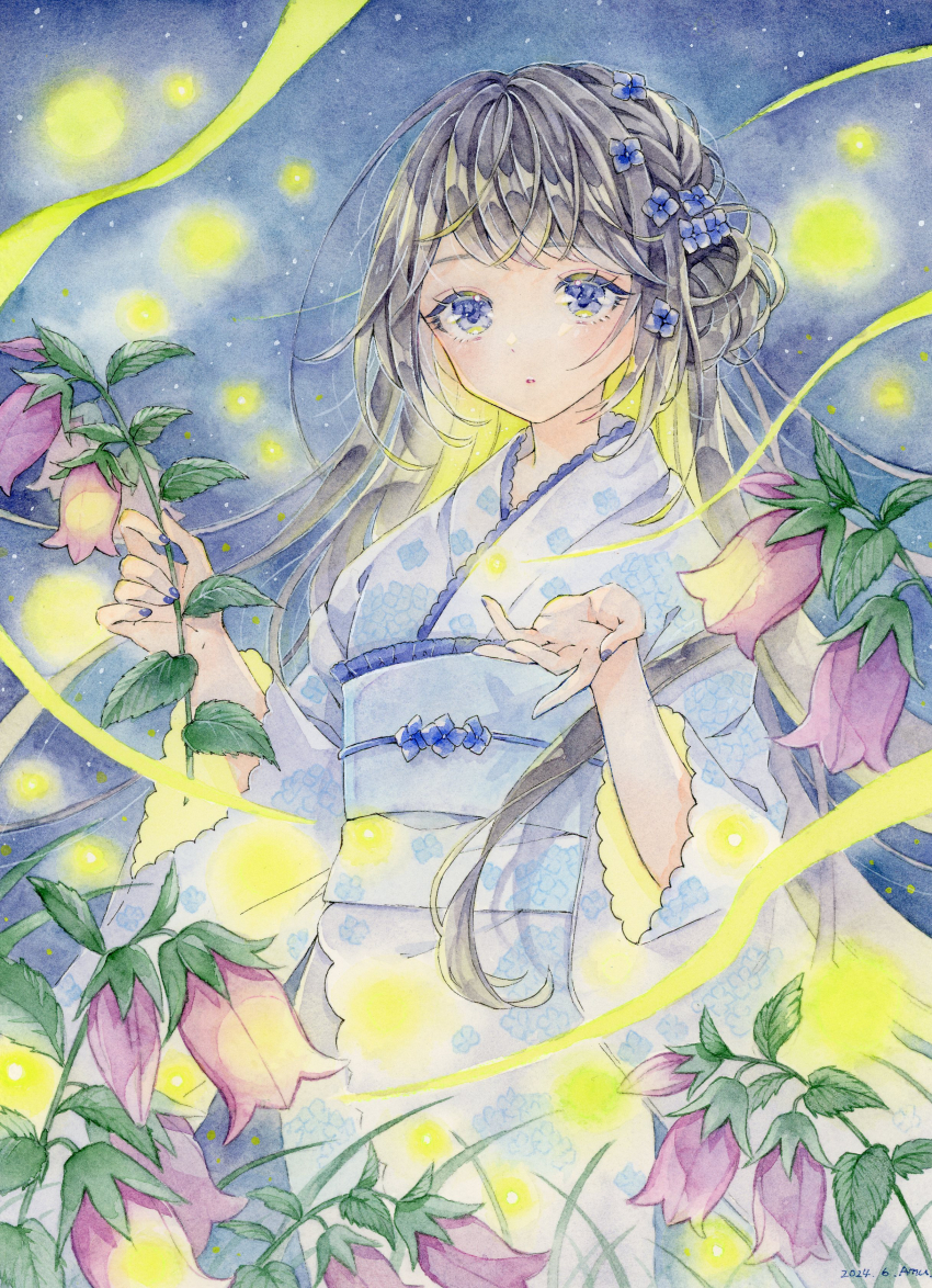 absurdres amu_(m_aa) bellflower black_hair blue_eyes bug firefly flower hair_flower hair_ornament highres insect japanese_clothes kimono long_hair night night_sky original painting_(medium) sky spring_(season) traditional_media watercolor_(medium)