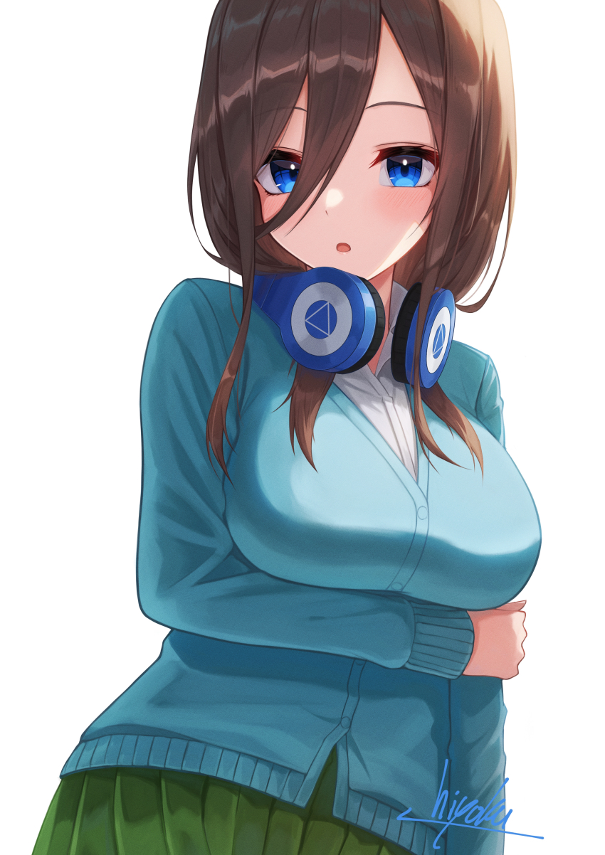 1girl :o absurdres arm_under_breasts blue_cardigan blue_eyes blush breasts brown_hair cardigan enpera go-toubun_no_hanayome green_skirt hair_between_eyes headphones headphones_around_neck highres hiyoku large_breasts long_hair long_sleeves looking_at_viewer nakano_miku open_mouth pleated_skirt scarf school_uniform shirt signature simple_background skirt solo white_background white_shirt