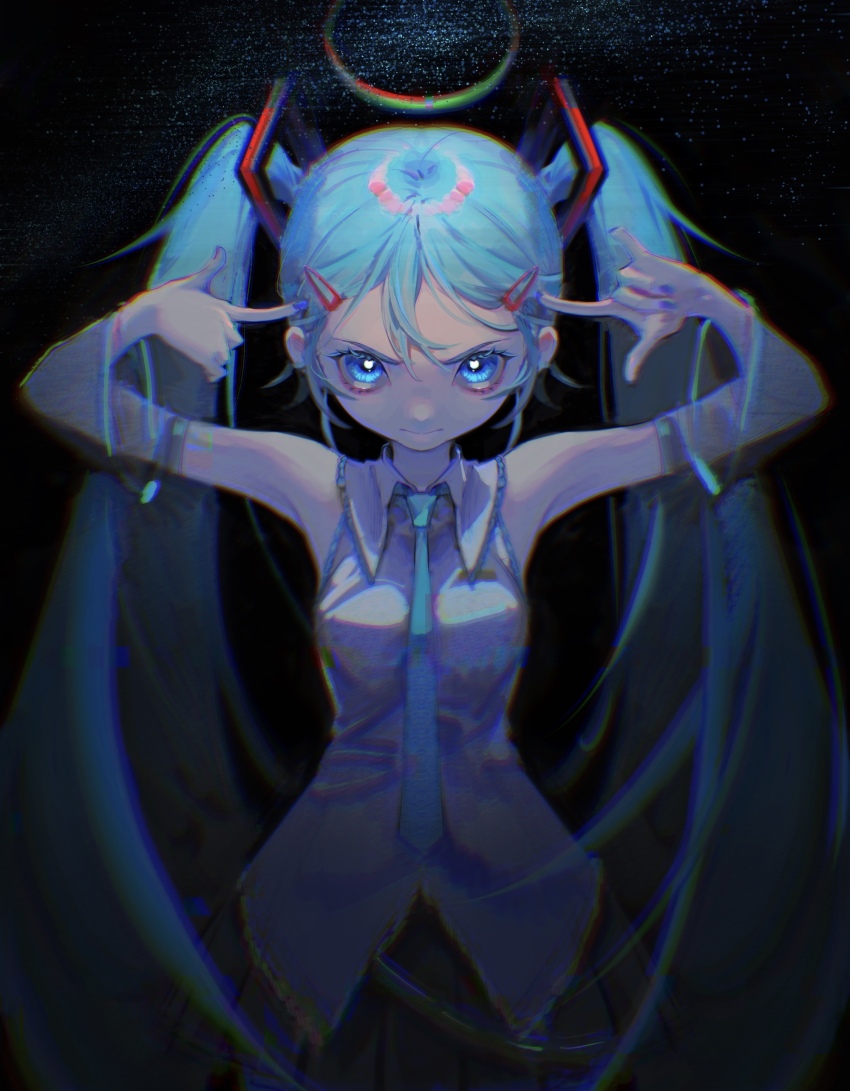 1girl \m/ absurdres aqua_eyes aqua_hair aqua_necktie armpits arms_up bare_shoulders black_background black_skirt blue_nails breasts chromatic_aberration closed_mouth collared_shirt commentary_request cowboy_shot dark finger_to_head hair_between_eyes hair_ornament hairclip hatsune_miku hidari_(nanmu-left) highres kubrick_stare light_particles long_hair looking_at_viewer nail_polish necktie pleated_skirt shirt skirt sleeveless sleeveless_shirt small_breasts solo standing straight-on twintails v-shaped_eyebrows very_long_hair vocaloid white_shirt