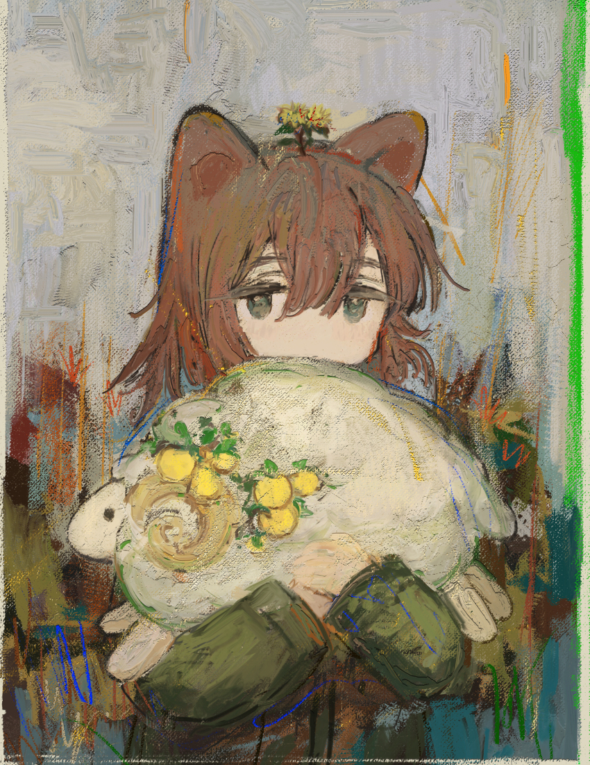 1girl absurdres animal_ears brown_hair cat_ears cat_girl ciel_(paradis47) highres original painting_(medium) sheep traditional_media