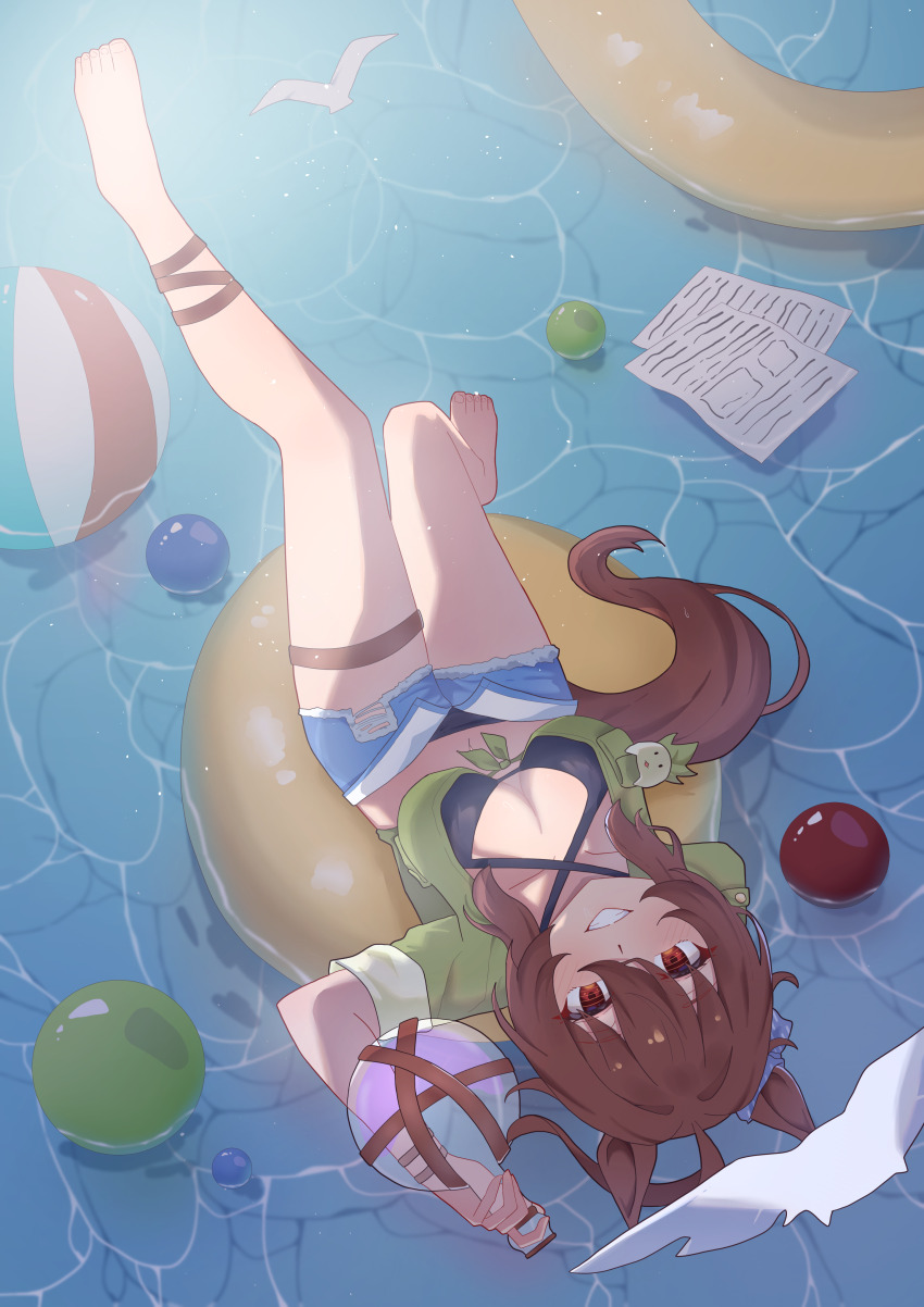 1girl absurdres agnes_tachyon_(lunatic_lab)_(umamusume) agnes_tachyon_(umamusume) ahoge animal_ears ball barefoot beachball bikini black_bikini blue_shorts breasts brown_eyes brown_hair chinese_commentary cleavage criss-cross_halter ear_ornament flask from_above green_jacket grin hair_between_eyes halterneck highres holding holding_flask horse_ears horse_girl horse_tail huge_ahoge innertube jacket kii-kun_(agnes_tachyon)_(umamusume) looking_at_viewer micro_shorts nanaken_(qijian23092715) official_alternate_costume open_clothes open_shorts paper round-bottom_flask shorts smile solo_focus swim_ring swimsuit tail thigh_strap tied_jacket umamusume