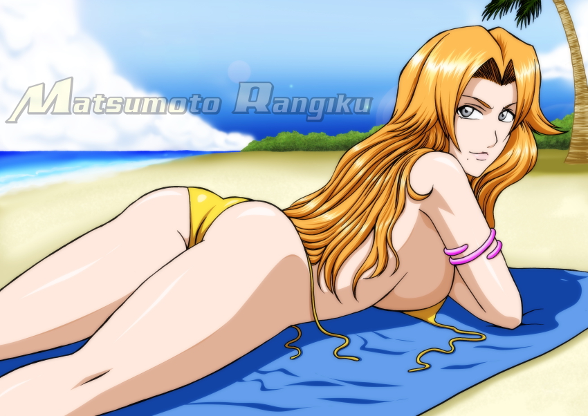 00s 1girl absurdres beach bikini bleach breasts day female_focus highres large_breasts matsumoto_rangiku nagano_tenzen orange_hair self-upload solo swimsuit tenzen_(netspike)