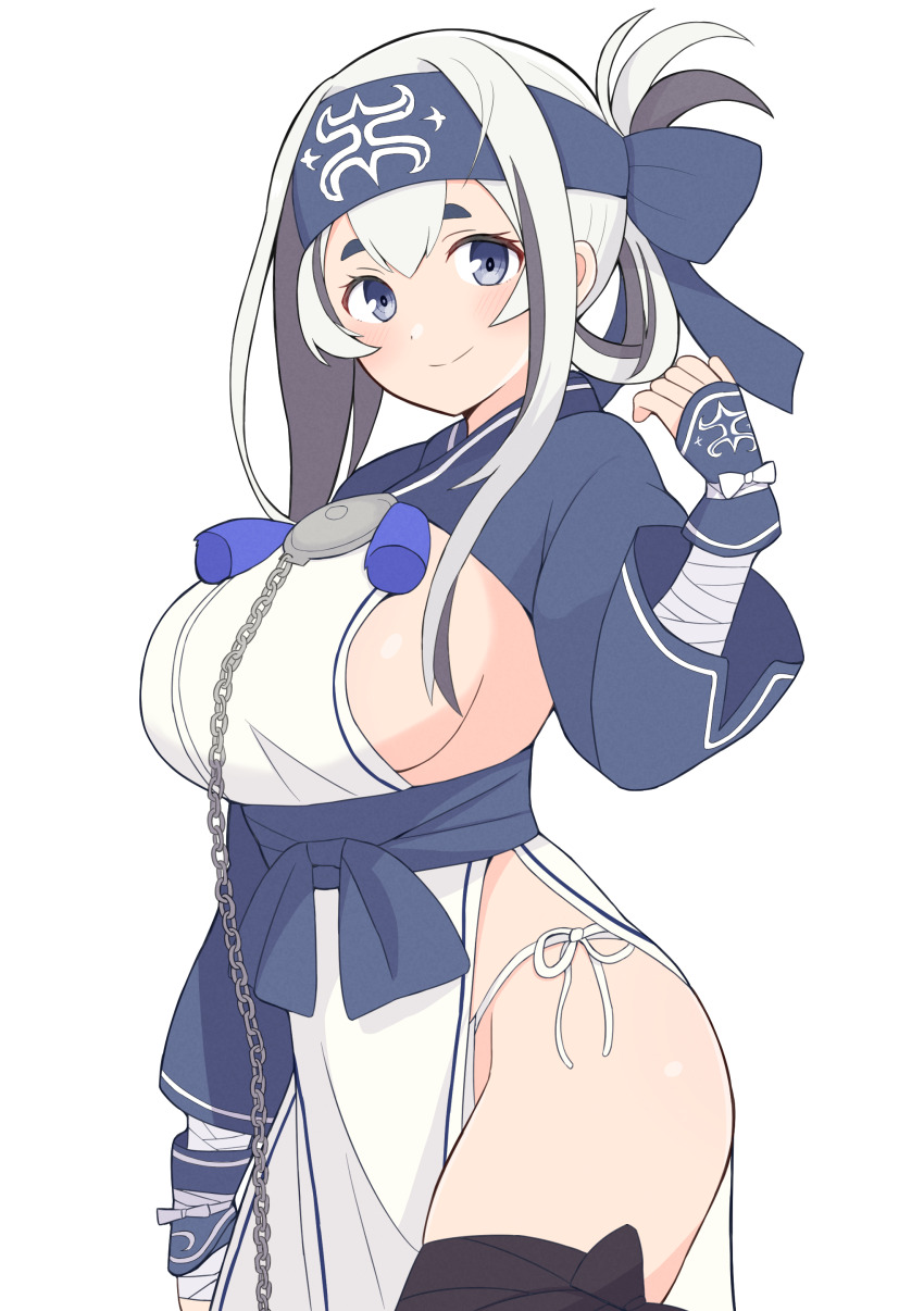 1girl absurdres ainu ainu_clothes bandana blue_eyes blue_headband breasts chain cowboy_shot cropped_jacket folded_ponytail fuminomino fundoshi hair_between_eyes headband highres japanese_clothes kamoi_(kancolle) kantai_collection large_breasts leg_wrap long_hair looking_at_viewer pelvic_curtain sideboob sidelocks simple_background smile solo standing thick_eyebrows white_background white_hair wrist_guards