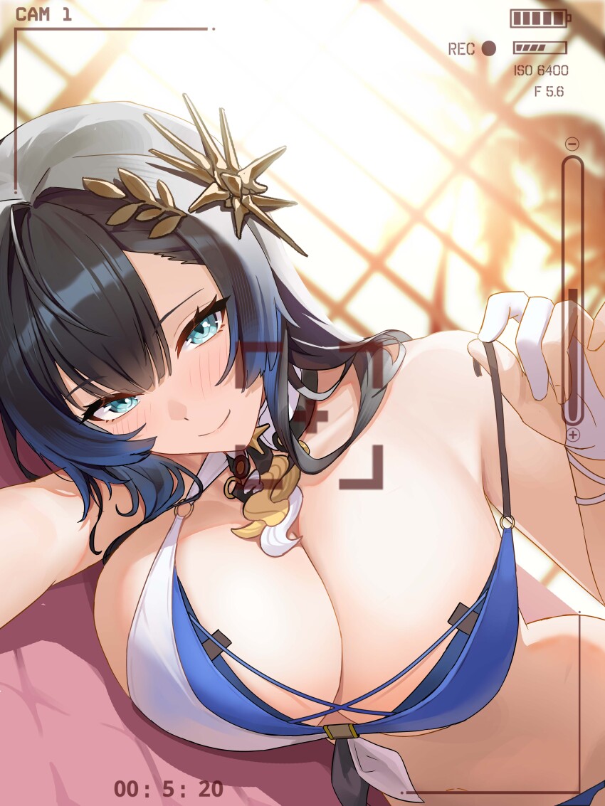 1girl absurdres alternate_costume battery_indicator bikini black_hair blue_bikini blue_eyes blue_hair blush breasts chinese_commentary cleavage closed_mouth colored_tips front-tie_bikini_top front-tie_top gloves gradient_hair hair_ornament highres kai_si_(hscn5578) katya_klein large_breasts leaf_hair_ornament looking_at_viewer lying medium_hair multicolored_bikini multicolored_clothes multicolored_hair o-ring o-ring_bikini o-ring_top on_side outstretched_arm partially_fingerless_gloves recording selfie smile snowbreak:_containment_zone solo swimsuit two-tone_bikini two-tone_hair untied_bikini upper_body viewfinder white_bikini white_gloves