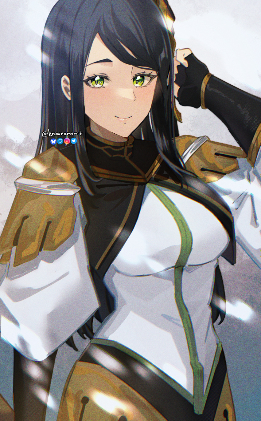 1girl absurdres adjusting_hair artist_name black_capelet black_gloves blush breasts capelet closed_mouth gloves green_eyes highres jacket knowname large_breasts lips long_hair looking_at_viewer park_hee-jin partially_fingerless_gloves shoulder_pads smile snow solo solo_leveling white_jacket