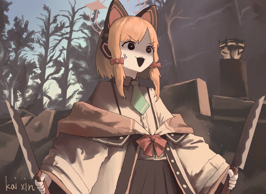 1girl anger_vein angry animal_ears black_eyes black_skirt blue_archive brazier cat_ears death_momoi_(meme) dual_wielding fake_animal_ears green_necktie highres holding holding_knife jacket kitchen_knife knife momoi_(blue_archive) necktie open_mouth red_ribbon ribbon rock shirt skirt tree white_jacket white_shirt zheng_kai_xin