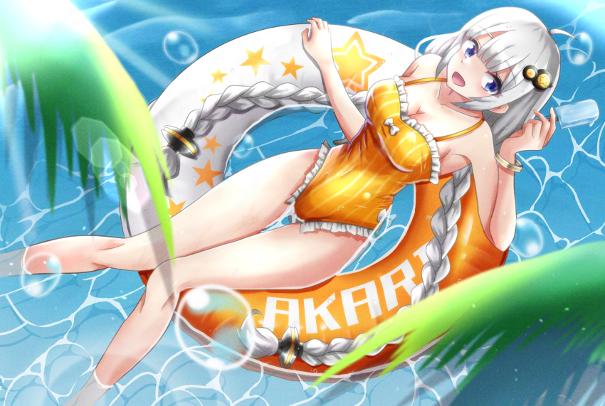 air_bubble braid breasts bubble cleavage feet_out_of_frame food frilled_one-piece_swimsuit frills grey_hair highres innertube kizuna_akari long_hair low_twintails medium_breasts one-piece_swimsuit orange_one-piece_swimsuit popsicle smile soaking_feet striped_clothes striped_one-piece_swimsuit swim_ring swimsuit twin_braids twintails user_asvk5848 vertical-striped_clothes vertical-striped_one-piece_swimsuit very_long_hair voiceroid water