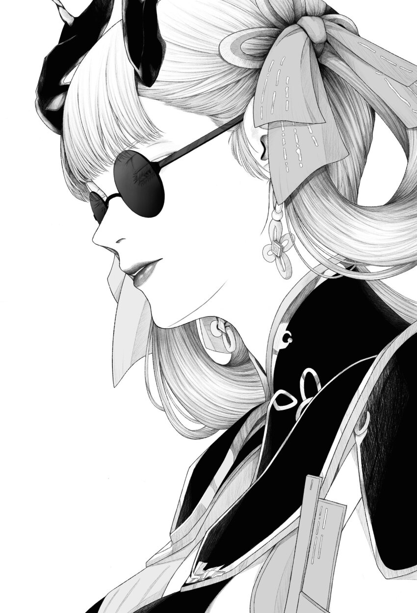 1girl bow collar commentary_request earrings eastern_dragon_horns from_side greyscale hair_bow half-closed_eyes highres jewelry jinhsi_(wuthering_waves) looking_ahead monochrome parted_lips partial_commentary portrait round_eyewear simple_background solo sunglasses taka_hashio white_background wuthering_waves