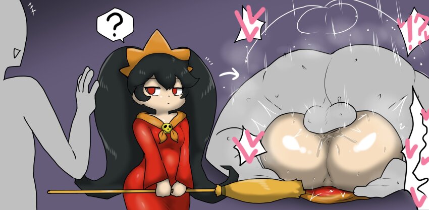 1boy 1girl ? anus ashley_(warioware) ass black_hair clothed_female_nude_male clothed_sex colored_skin enigi09 expressionless gradient_background grey_skin heart highres lying lying_on_person mating_press nintendo nude on_person red_eyes size_difference speech_bubble testicles twintails vaginal warioware