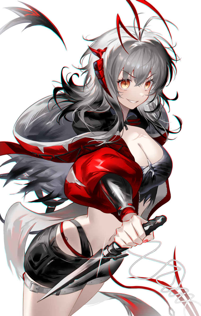 1girl absurdres arknights black_shorts breasts cleavage cropped_jacket dagger grey_hair grin hair_between_eyes highres holding holding_dagger holding_knife holding_weapon hood hood_down hooded_jacket jacket knife long_hair long_sleeves medium_breasts puffy_long_sleeves puffy_sleeves red_eyes red_jacket rio_(rio773) short_shorts shorts simple_background smile solo v-shaped_eyebrows very_long_hair w_(arknights) weapon white_background wis&#039;adel_(arknights)