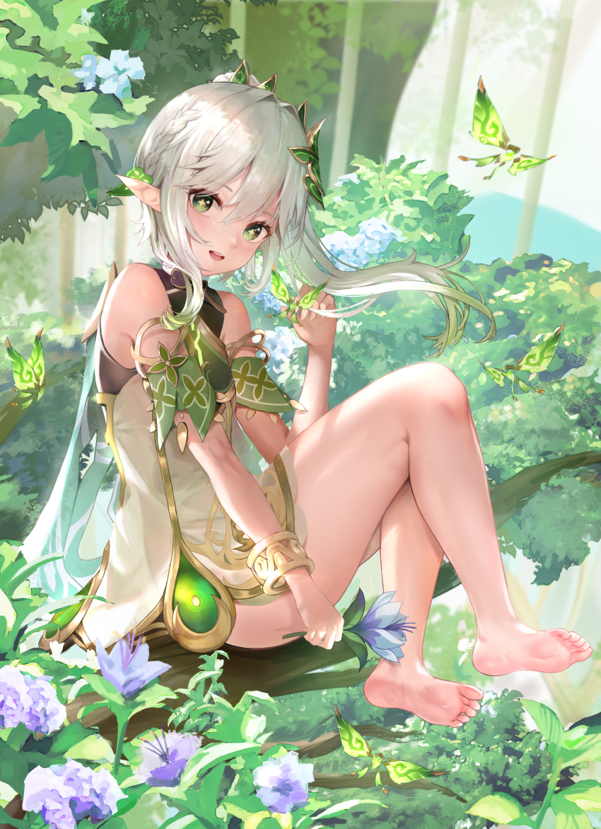 1girl a-by absurdres bare_shoulders barefoot bracelet cape commentary_request crystalfly_(genshin_impact) day detached_sleeves dress feet fingernails flower from_side full_body genshin_impact gold_trim gradient_hair green_cape green_eyes green_hair green_sleeves hair_between_eyes hair_ornament hand_up highres holding holding_flower jewelry leaf_hair_ornament light_blush long_hair looking_at_viewer multicolored_hair nahida_(genshin_impact) nature open_mouth outdoors padisarah_flower pointy_ears purple_flower side_ponytail sitting_on_branch sleeveless sleeveless_dress soles solo symbol-shaped_pupils teeth toes upper_teeth_only white_dress white_hair