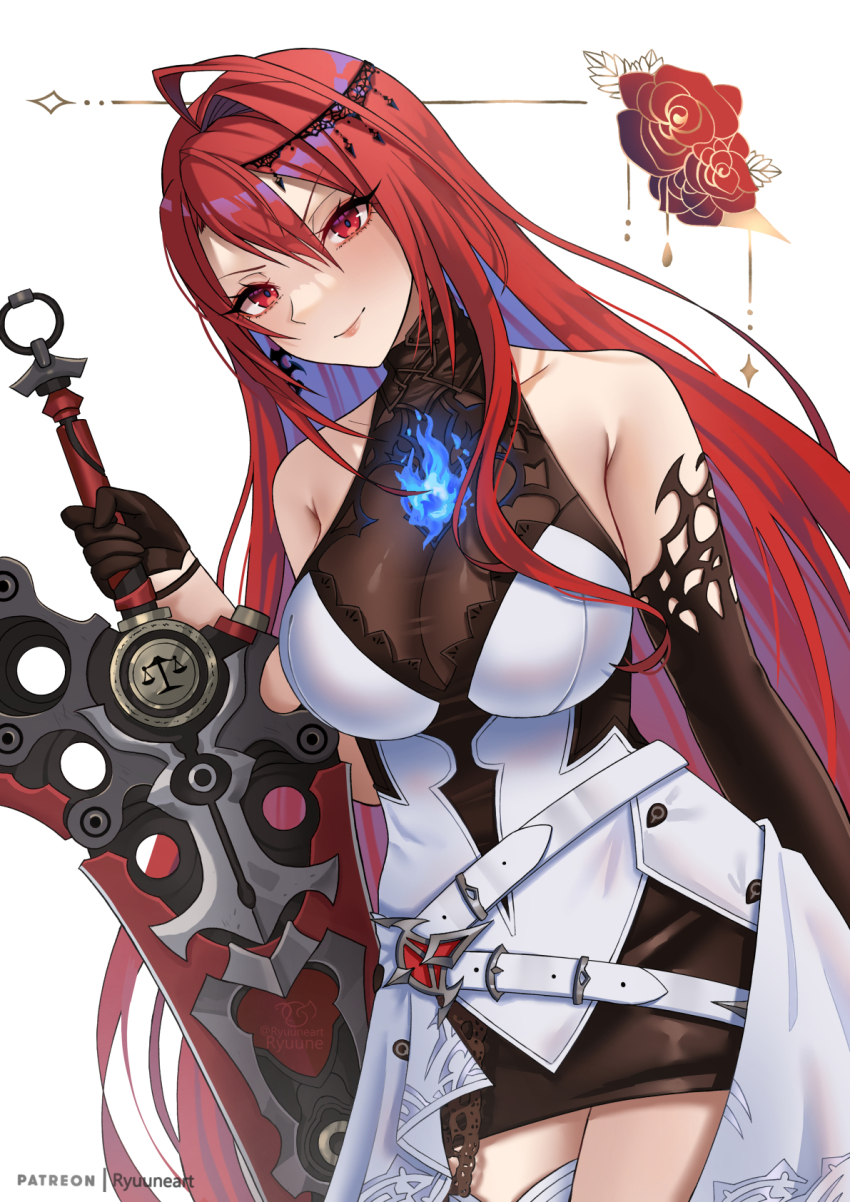 1girl ahoge asymmetrical_gloves bare_shoulders belt black_gloves blue_fire blue_hair breasts cleavage dress elbow_gloves elizabeth_rose_bloodflame fire flower gloves hair_between_eyes highres hololive hololive_english huge_ahoge large_breasts long_hair looking_at_viewer multicolored_hair patreon_username red_eyes red_flower red_hair red_rose rose ryuuneart see-through see-through_cleavage single_elbow_glove solo sword very_long_hair virtual_youtuber weapon white_background white_belt white_dress