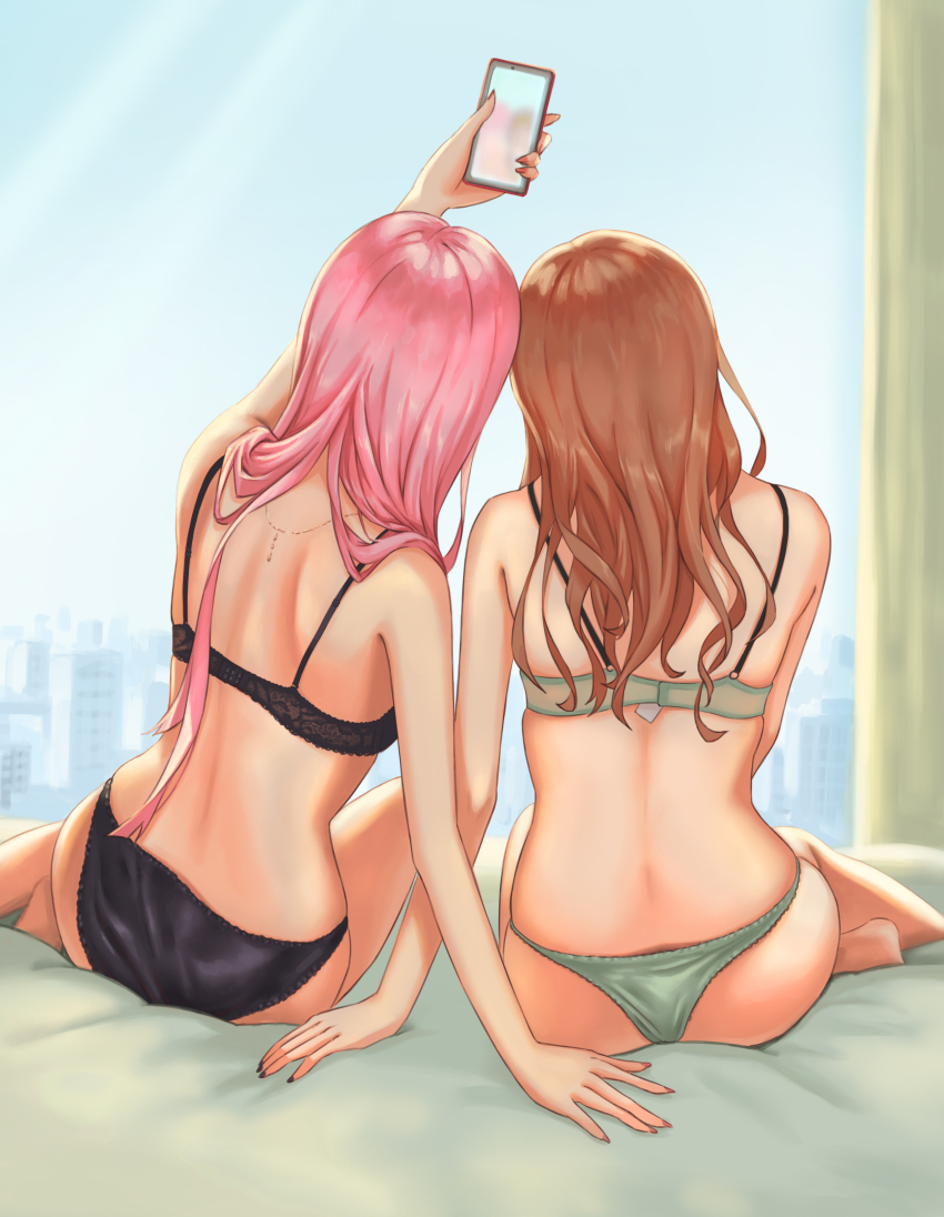 2girls absurdres arm_support arm_up ass bang_dream! bang_dream!_it&#039;s_mygo!!!!! bed_sheet black_bra black_panties bra brown_hair cellphone chihaya_anon commentary_request facing_away fingernails fukuda_(adsgghbg) green_bra highres holding holding_phone indoors long_hair median_furrow multiple_girls nagasaki_soyo nail_polish panties phone pink_hair selfie shoulder_blades sitting underwear underwear_only