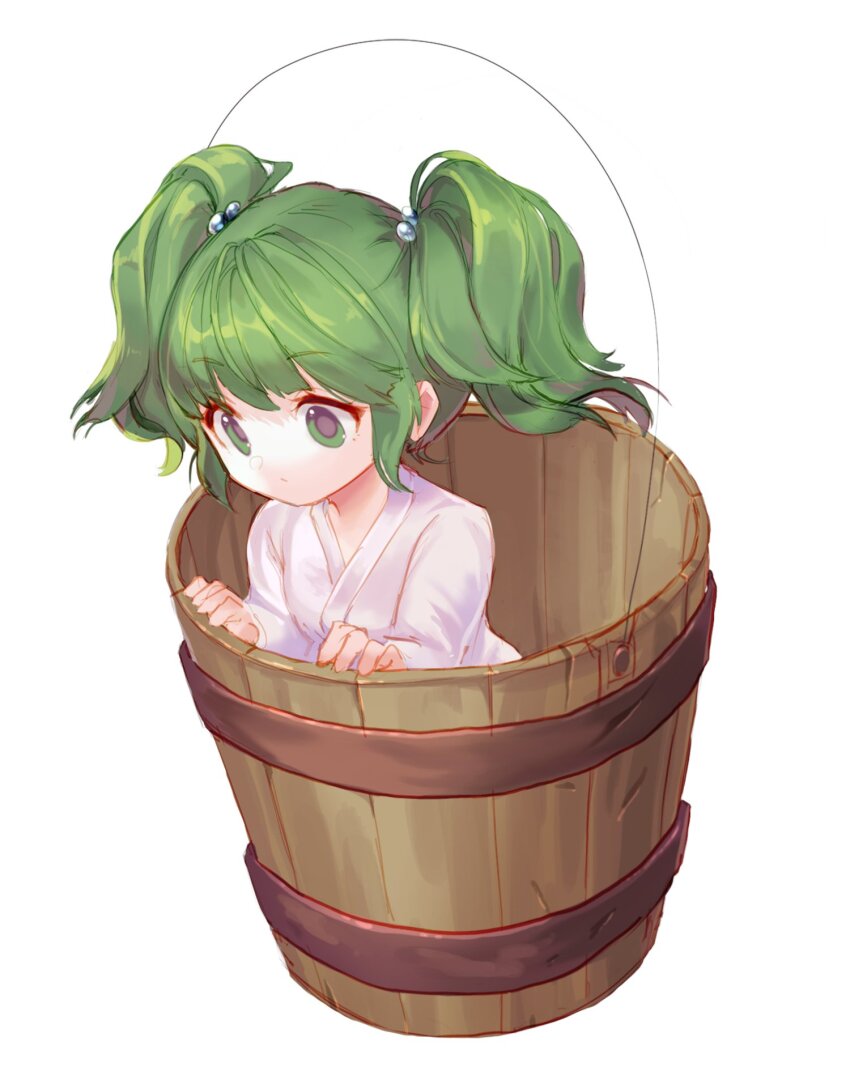 1girl bucket closed_mouth green_eyes green_hair hair_bobbles hair_ornament highres in_bucket in_container japanese_clothes kimono kisume long_sleeves orchid_(pixiv3730518) short_hair solo touhou two_side_up white_background white_kimono