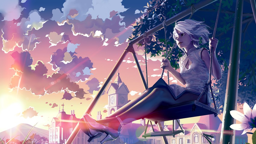 1girl blue_eyes blue_hair braid breasts china_dress chinese_clothes cleavage cloud dress female_focus flower geister highres izayoi_sakuya legs mansion matching_hair/eyes outdoors scarlet_devil_mansion shoes sky solo sunset swing touhou tree