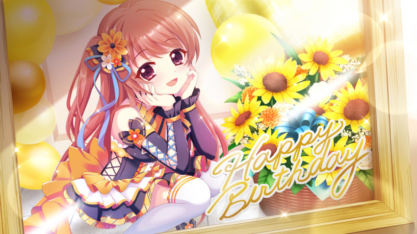 1girl back_bow balloon birthday black_bow black_dress black_sleeves blue_ribbon bow breasts brown_hair clothing_cutout detached_sleeves dot_nose dress dutch_angle film_grain flower flower_basket game_cg hair_flower hair_ornament hair_ribbon hands_on_own_chin happy_birthday izumi_tsubasu large_bow lens_flare looking_at_viewer medium_breasts mizushino_tamaki non-web_source official_art open_mouth orange_bow orange_flower photo_(object) picture_frame purple_hair re:stage! ribbon side_cutout side_ponytail sleeve_bow sleeveless sleeveless_dress smile solo sparkle squatting sunflower thighhighs white_flower white_thighhighs wicker_basket yellow_flower zettai_ryouiki