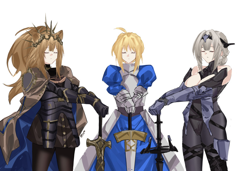 3girls absurdres ahoge arknights armor artoria_pendragon_(all) artoria_pendragon_(fate) bianca:_stigmata_(pgr) bianca_(pgr) blonde_hair breasts cape cleavage closed_eyes crest crown dress excalibur_(fate/stay_night) fate/stay_night fate_(series) hands_on_hilt heraldry highres holding holding_weapon kawasumi_ayako multiple_girls ponytail punishing:_gray_raven saber_(fate) siege_(arknights) sword vina_victoria_(arknights) voice_actor_connection weapon white_hair yazu_(zoddiacz)