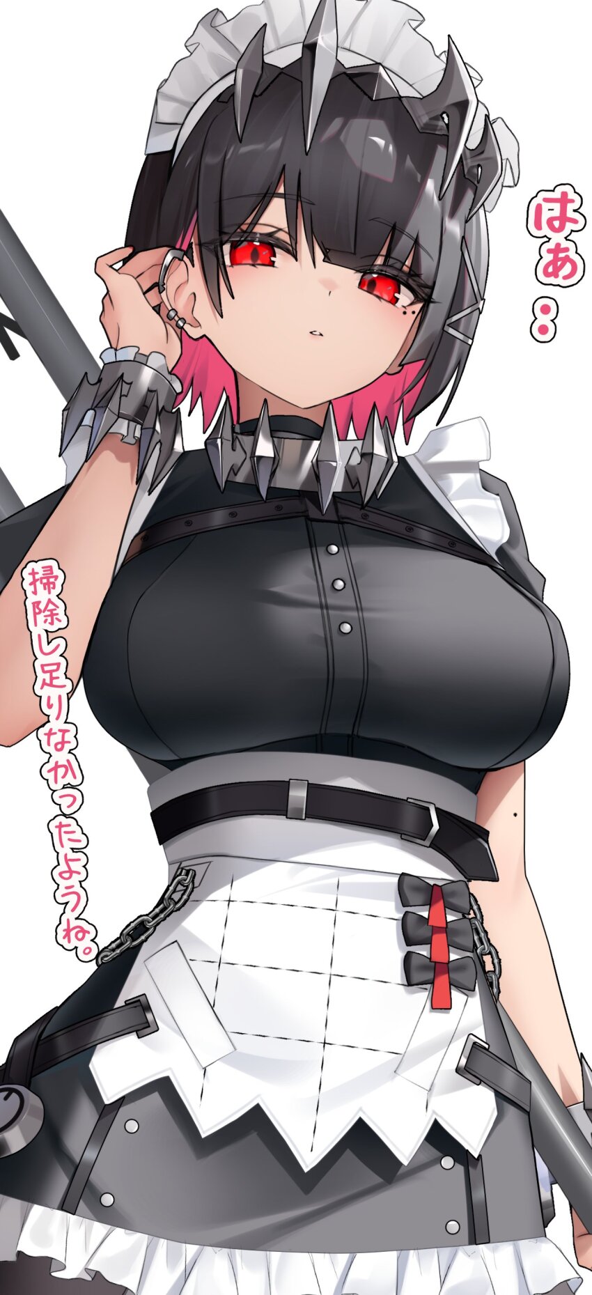 1girl absurdres black_dress black_hair breasts colored_inner_hair dress ellen_joe hand_up highres holding holding_sword holding_weapon large_breasts maid maid_headdress metal_hairband metal_wrist_cuffs mole mole_on_arm mole_under_eye multicolored_hair parted_lips pink_hair red_eyes shark_girl simple_background solo spiked_headband sword thomas_8000 upper_body weapon white_background zenless_zone_zero