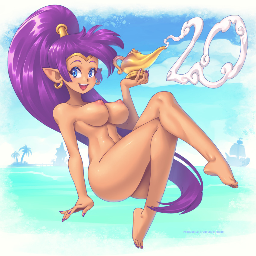 Supersatanson Shantae Shantae Series Highres 1girl Bare Legs Barefoot Blue Eyes