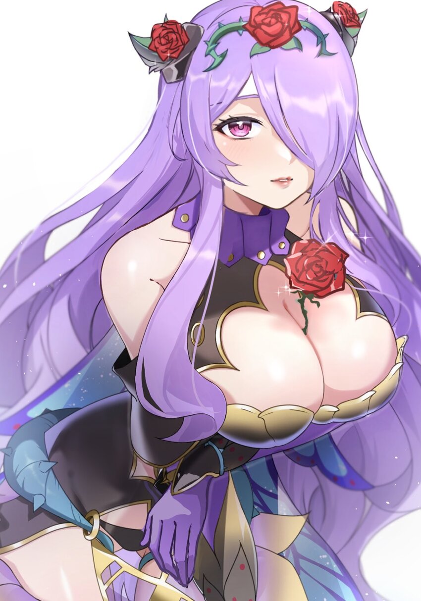 1girl after0217 black_dress black_horns black_panties breasts camilla_(fire_emblem) camilla_(resplendent)_(fire_emblem) cleavage cleavage_cutout clothing_cutout dress fake_horns fire_emblem fire_emblem_fates fire_emblem_heroes flower gloves hair_flower hair_ornament hair_over_one_eye highres horns large_breasts lips long_hair looking_at_viewer nintendo official_alternate_costume one_eye_covered panties parted_lips pink_eyes pink_lips plant purple_gloves purple_hair red_flower red_rose rose second-party_source simple_background solo thorns underwear very_long_hair vines white_background