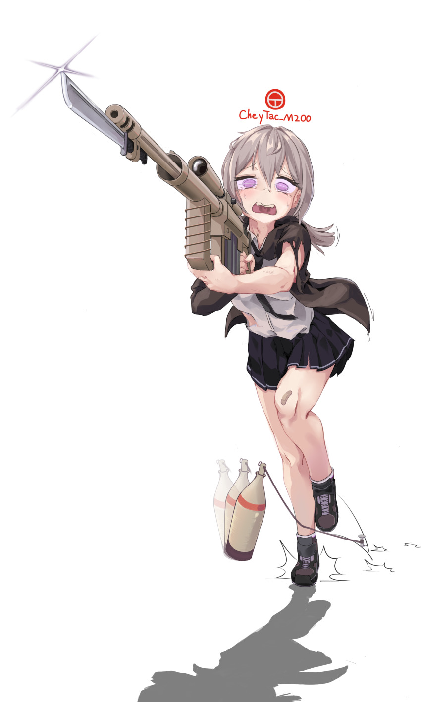 1girl absurdres afterimage bandaid bandaid_on_knee bandaid_on_leg battlefield_(series) battlefield_1 bayonet blonde_hair blue_skirt bolt_action bottle brown_jacket cheytac_m200 collared_shirt commentary crying crying_with_eyes_open english_commentary english_text girls&#039;_frontline grey_hair gun highres holding holding_weapon jacket long_sleeves looking_at_viewer low_ponytail m200_(girls&#039;_frontline) nail_(hardware) open_mouth pleated_skirt purple_eyes rifle scope shirt shoes simple_background skirt sniper_rifle socks solo sparkle tears torn_clothes user_zzhx5244 weapon white_background white_shirt