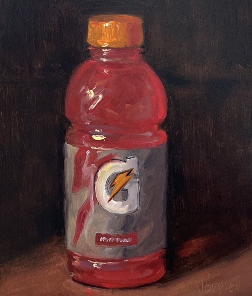 black_background commentary drink english_commentary food_focus gatorade highres label lightning_bolt_symbol logo no_humans noah_verrier oil_painting_(medium) original painting_(medium) plastic_bottle shadow signature table traditional_media