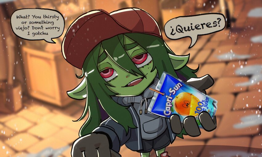 basedbinkie brown_gloves capri-sun coat cold colored_skin drink english_text fangs female_goblin fewer_digits gloves goblin green_hair green_skin hat highres holding holding_drink hood hoodie jacket large_ears lock long_hair long_pointy_ears looking_at_viewer original outdoors pointy_ears red_eyes sancha_gobzales_(basedbinkie) snow snowflakes snowing spanish_text speech_bubble winter winter_clothes