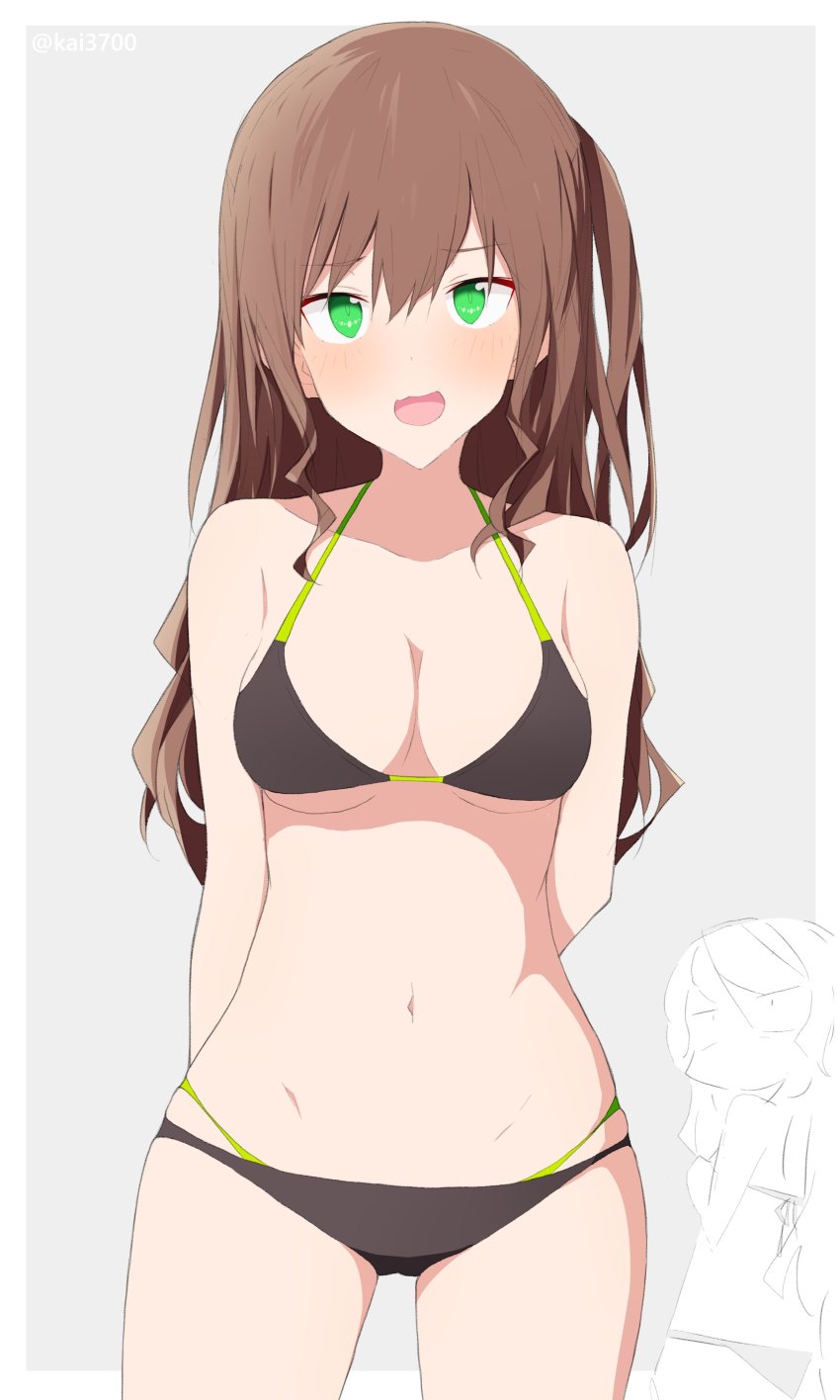 2girls :d absurdres arms_behind_back bang_dream! bare_legs bare_shoulders bikini black_bikini blush border breast_envy breasts brown_hair cowboy_shot green_eyes grey_background halterneck highres hikawa_sayo imai_lisa kai3700 layered_bikini long_hair looking_at_viewer lowleg lowleg_bikini medium_breasts multiple_girls navel one_side_up open_mouth shadow sidelocks skindentation smile solo_focus standing stomach swimsuit thighs twitter_username white_border