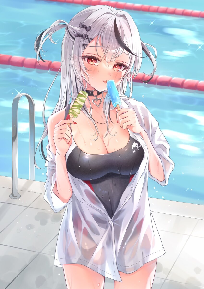 1girl alternate_costume alternate_hairstyle black_choker black_hair black_one-piece_swimsuit blush breasts choker cleavage commentary competition_swimsuit cowboy_shot ear_piercing food grey_hair hair_intakes hair_ornament heart heart_choker highres holding holding_food holding_popsicle hololive lane_line long_hair looking_at_viewer medium_breasts multicolored_hair nail_polish null_maru o-ring o-ring_choker off_shoulder one-piece_swimsuit open_clothes open_shirt partially_unbuttoned piercing poolside popsicle red_eyes red_nails sakamata_chloe see-through_clothes shirt solo standing swimsuit swimsuit_under_clothes tile_floor tiles tongue tongue_out two-tone_hair virtual_youtuber wet wet_clothes wet_shirt white_shirt x_hair_ornament