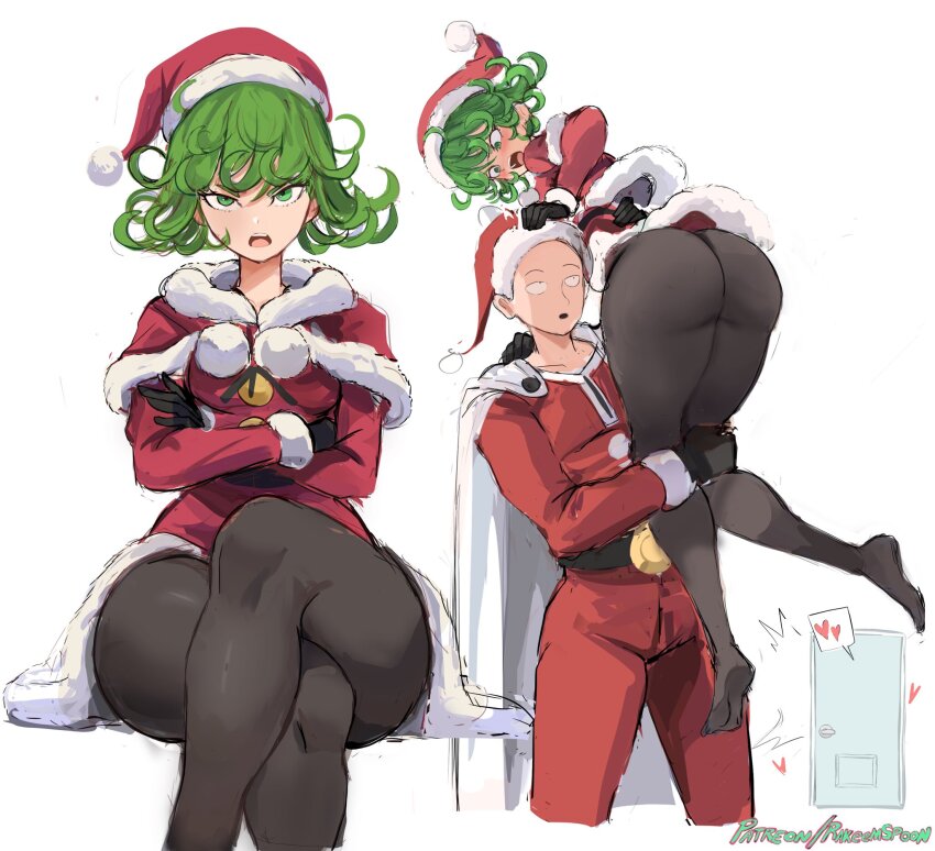 1boy 1girl ass bald bell black_pantyhose cape capelet commentary crossed_arms crossed_legs curly_hair dress fur-trimmed_capelet fur-trimmed_dress fur-trimmed_headwear fur_trim green_eyes green_hair hat highres lifting_person multiple_views one-punch_man pantyhose patreon_username rakeemspoon red_capelet red_dress red_hat saitama_(one-punch_man) santa_capelet santa_dress santa_hat short_hair tatsumaki thighs white_background white_cape