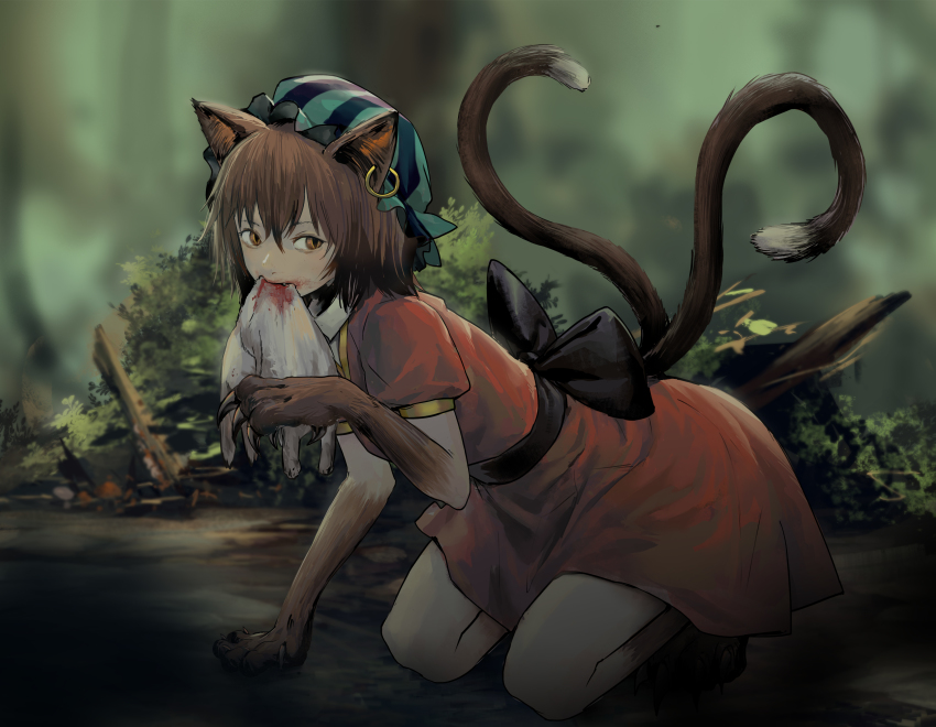 1girl absurdres animal animal_ears animal_hands arm_support black_bow black_sash blood blood_from_mouth blood_on_face blurry blurry_background bow brown_hair cat cat_ears cat_tail chen claw_pose claws collared_shirt commentary crawling death dress earrings fang forest full_body googerm green_hat hair_between_eyes hat highres hunting jewelry kneeling looking_at_viewer looking_to_the_side mob_cap monster_girl mouth_hold multiple_tails mushroom nature nekomata on_ground outdoors puffy_short_sleeves puffy_sleeves rabbit red_dress sash shirt short_hair short_sleeves single_earring slit_pupils solo tail touhou two_tails undershirt white_shirt wing_collar